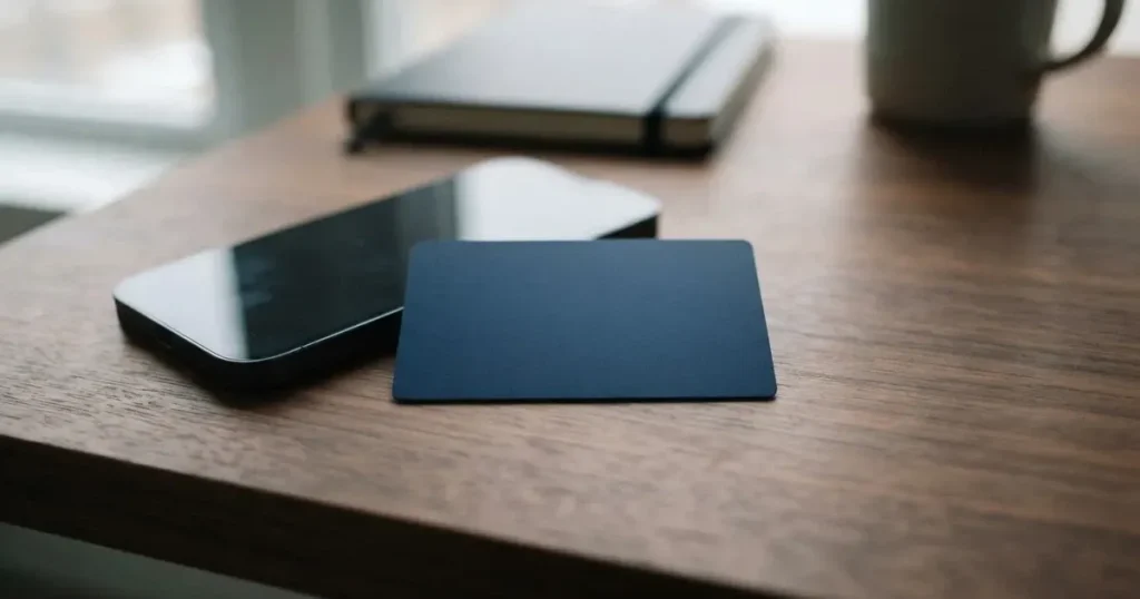 A payment card next to a phone with a crypto wallet app open