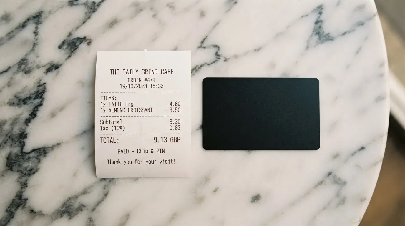 A receipt and a card on a café table