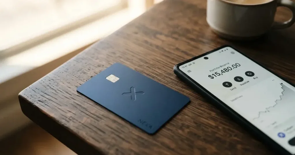A payment card next to a phone with a crypto wallet app open