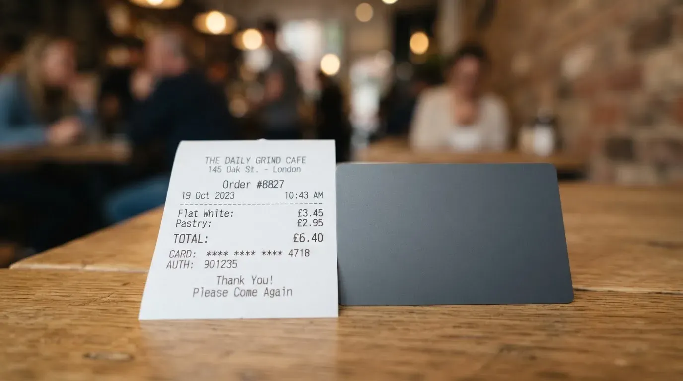 A receipt and a card on a café table
