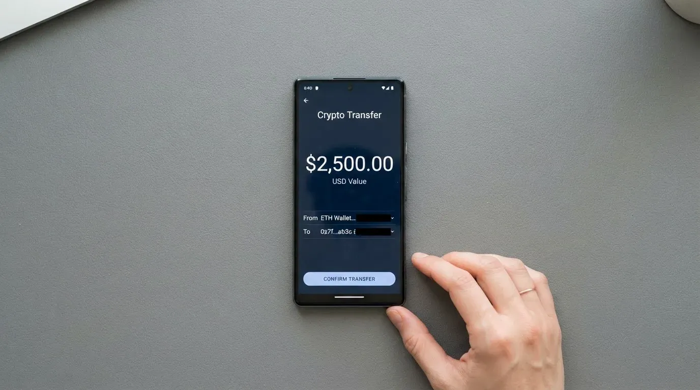 A phone showing a stablecoin transfer screen