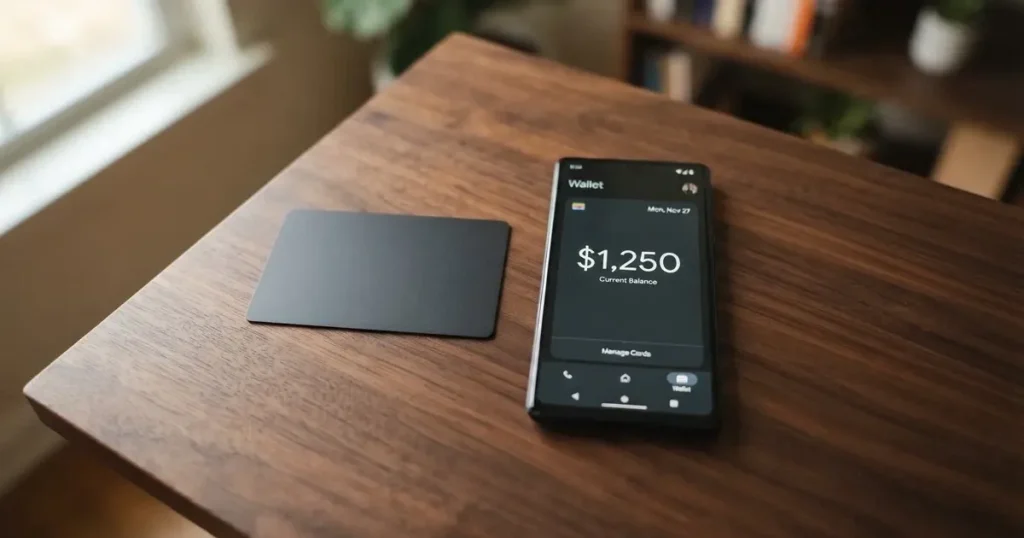 A payment card next to a phone with a crypto wallet app open