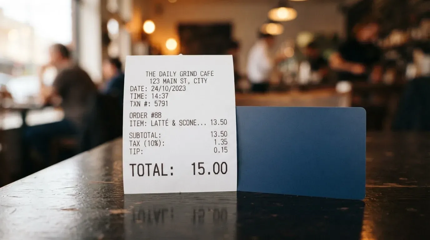 A receipt and a card on a café table