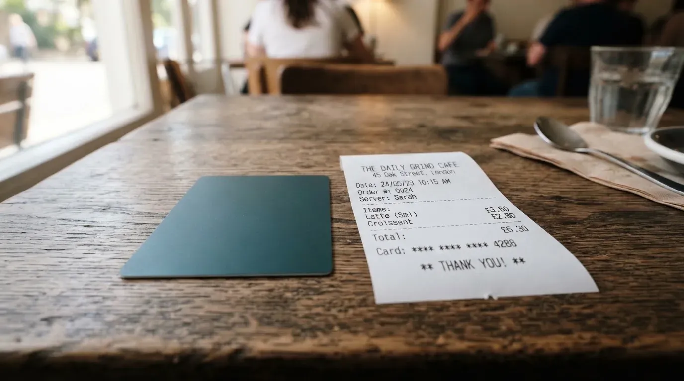 A receipt and a card on a café table