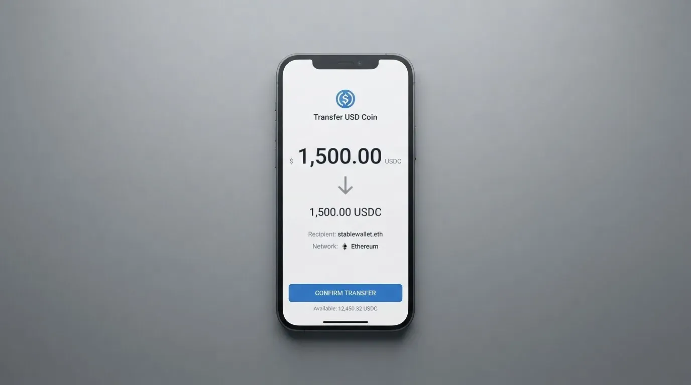 A phone showing a stablecoin transfer screen