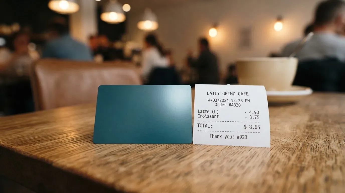A receipt and a card on a café table