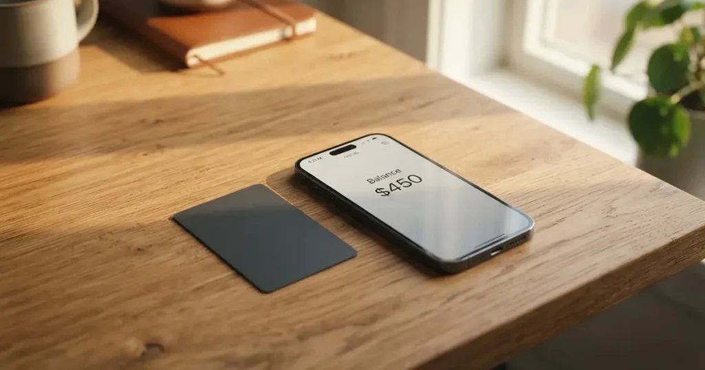 A payment card next to a phone with a crypto wallet app open