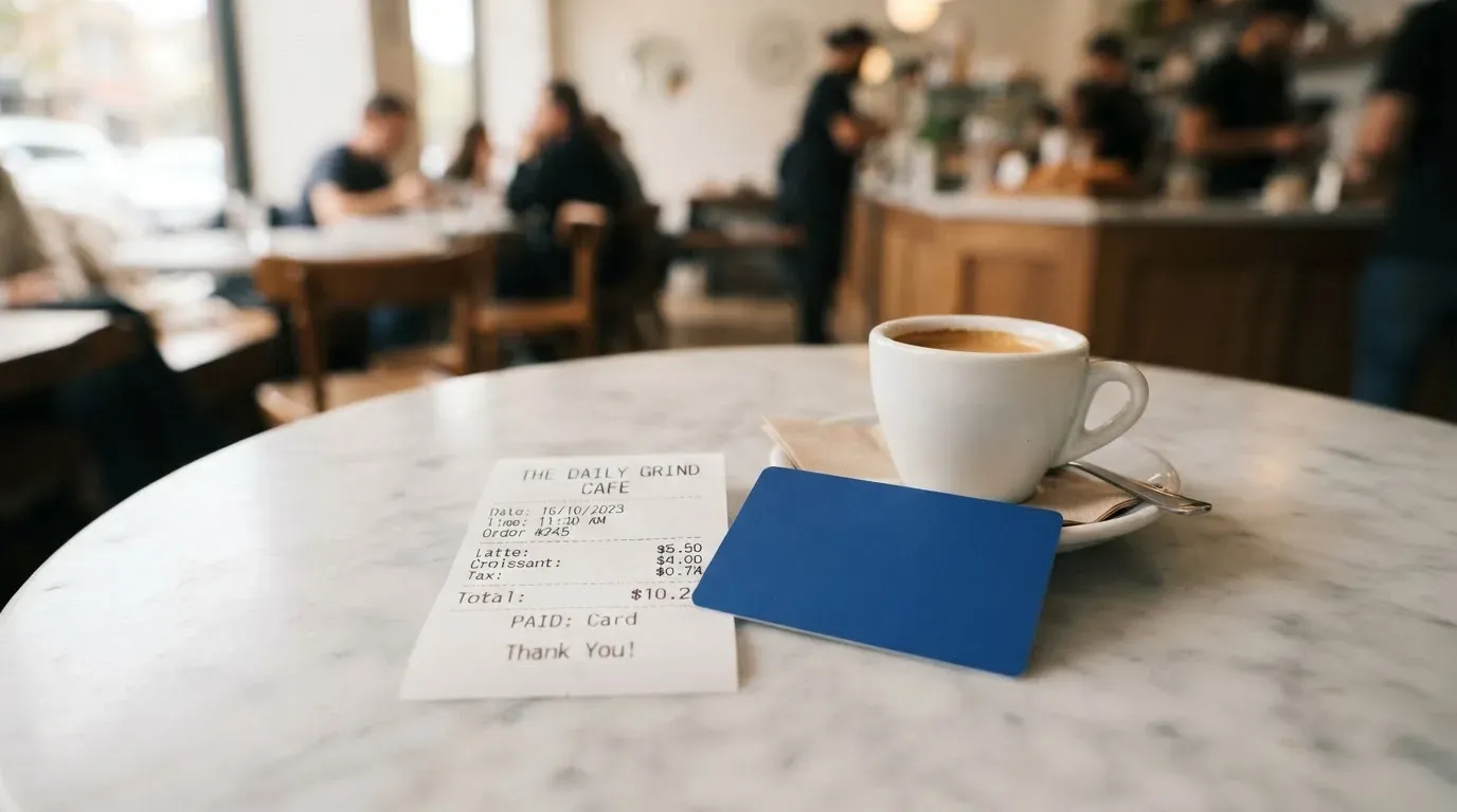 A receipt and a card on a café table