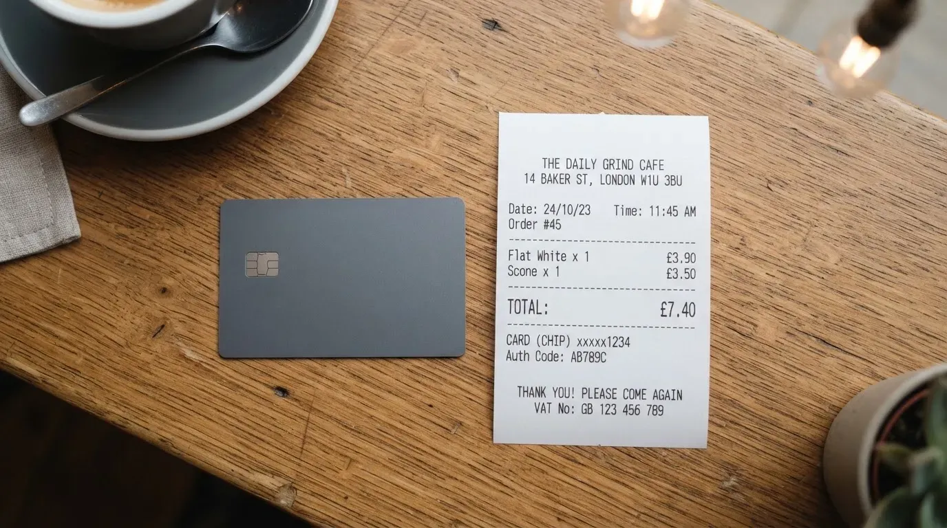 A receipt and a card on a café table