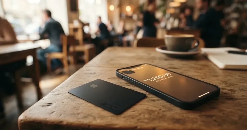 A payment card next to a phone with a crypto wallet app open
