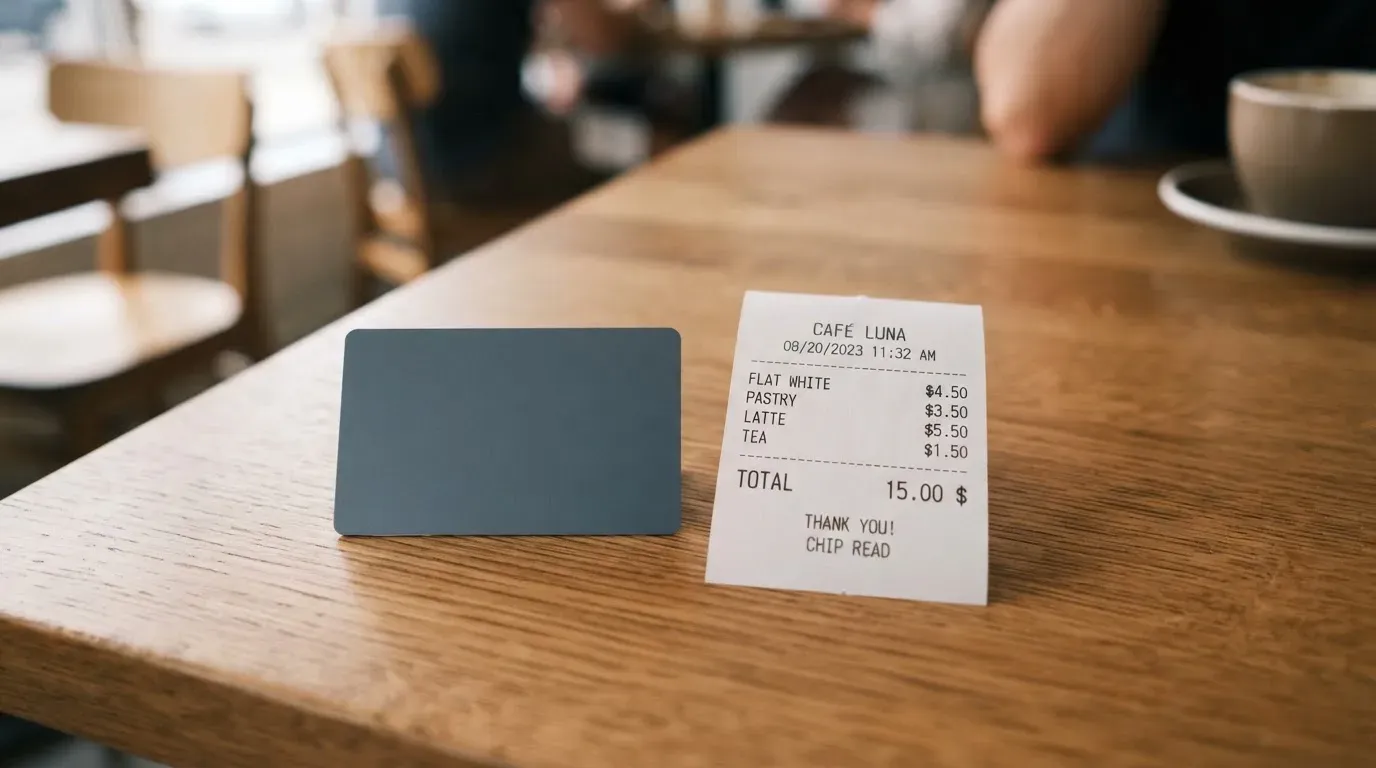 A receipt and a card on a café table