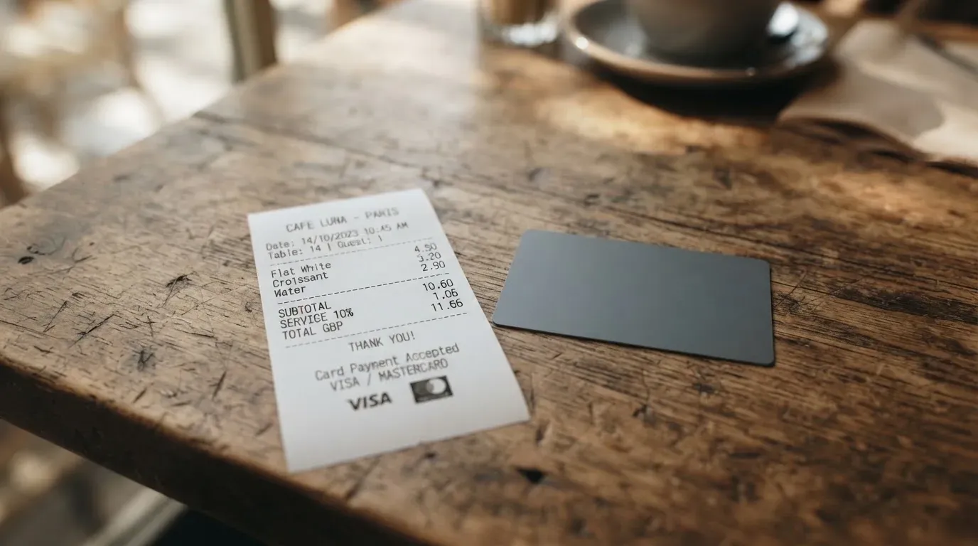 A receipt and a card on a café table