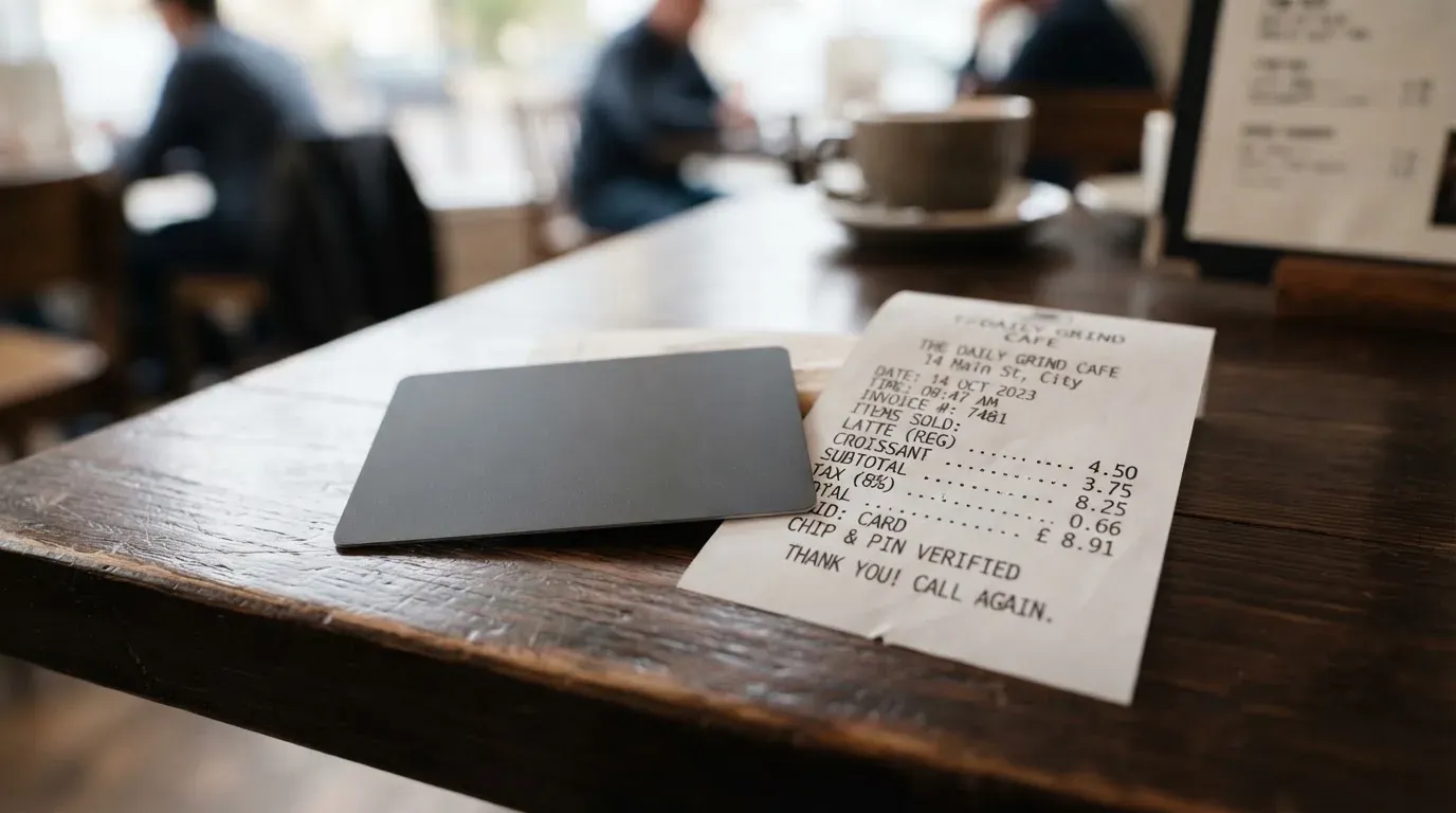 A receipt and a card on a café table