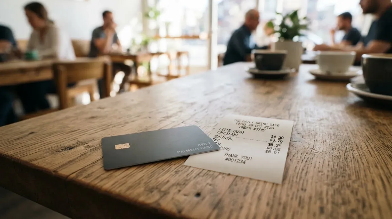 A receipt and a card on a café table