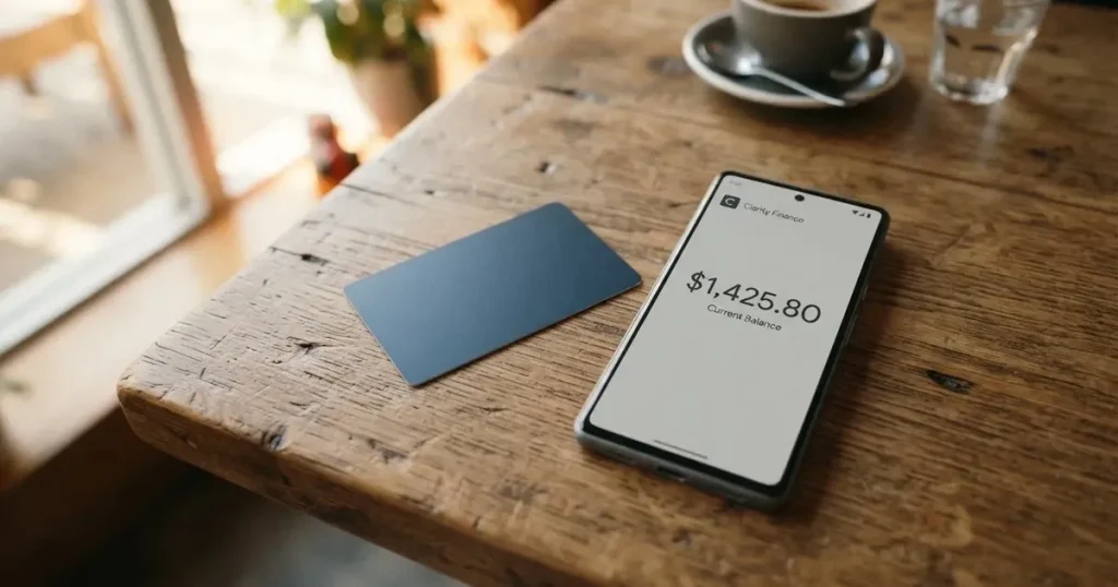 A payment card next to a phone with a crypto wallet app open