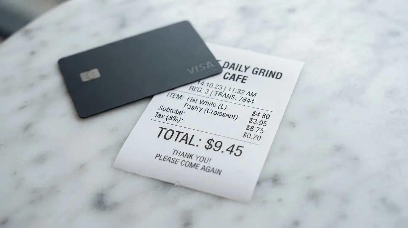 A receipt and a card on a café table