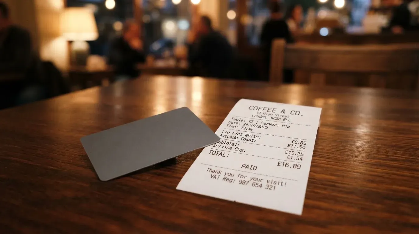 A receipt and a card on a café table