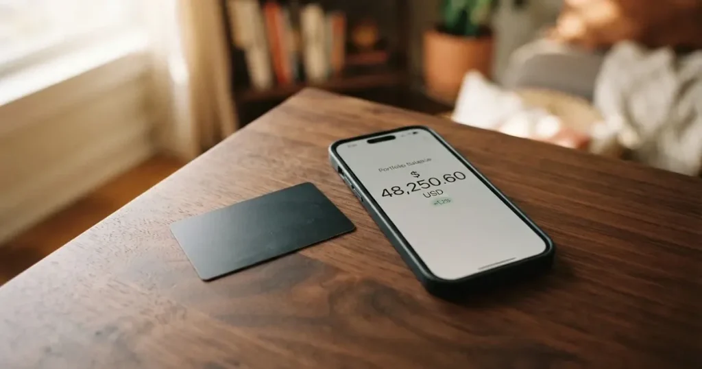 A payment card next to a phone with a crypto wallet app open