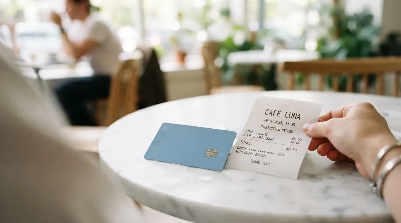 A receipt and a card on a café table
