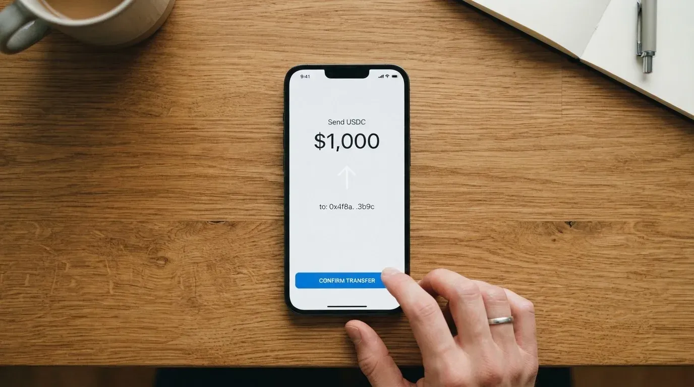 A phone showing a stablecoin transfer screen