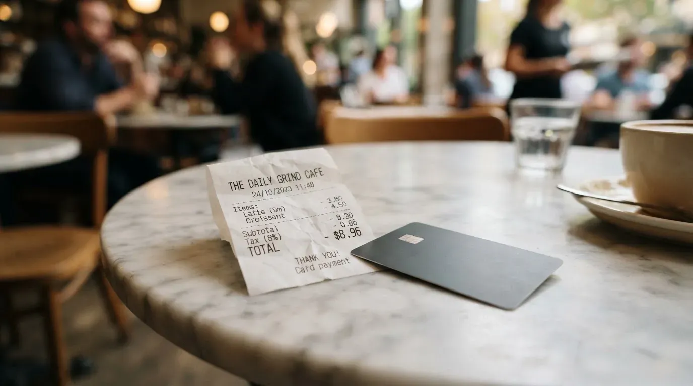 A receipt and a card on a café table