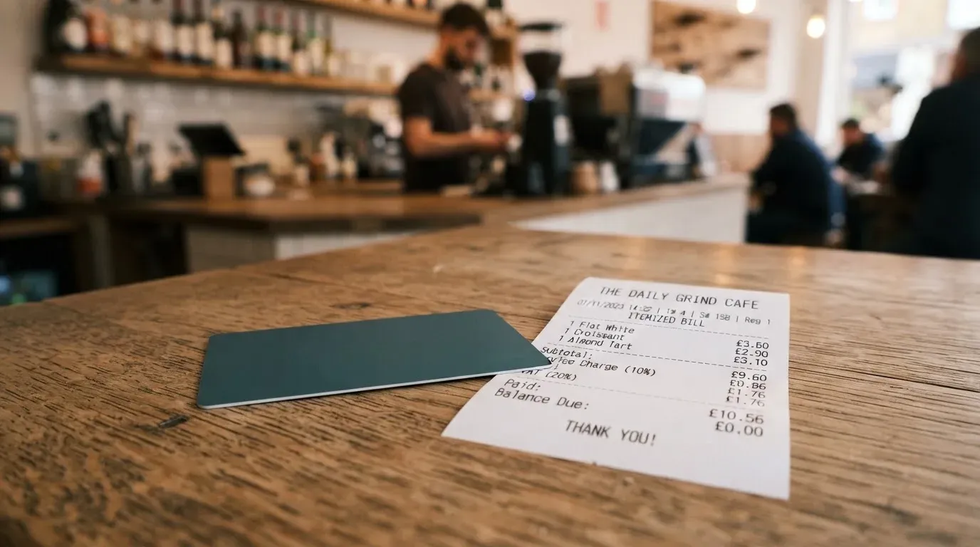 A receipt and a card on a café table