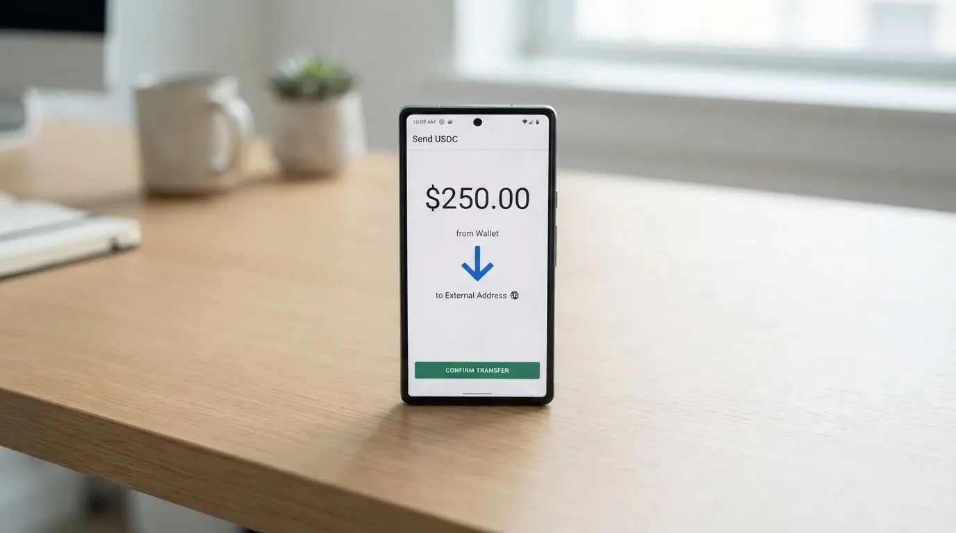 A phone showing a stablecoin transfer screen