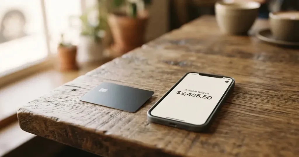 A payment card next to a phone with a crypto wallet app open