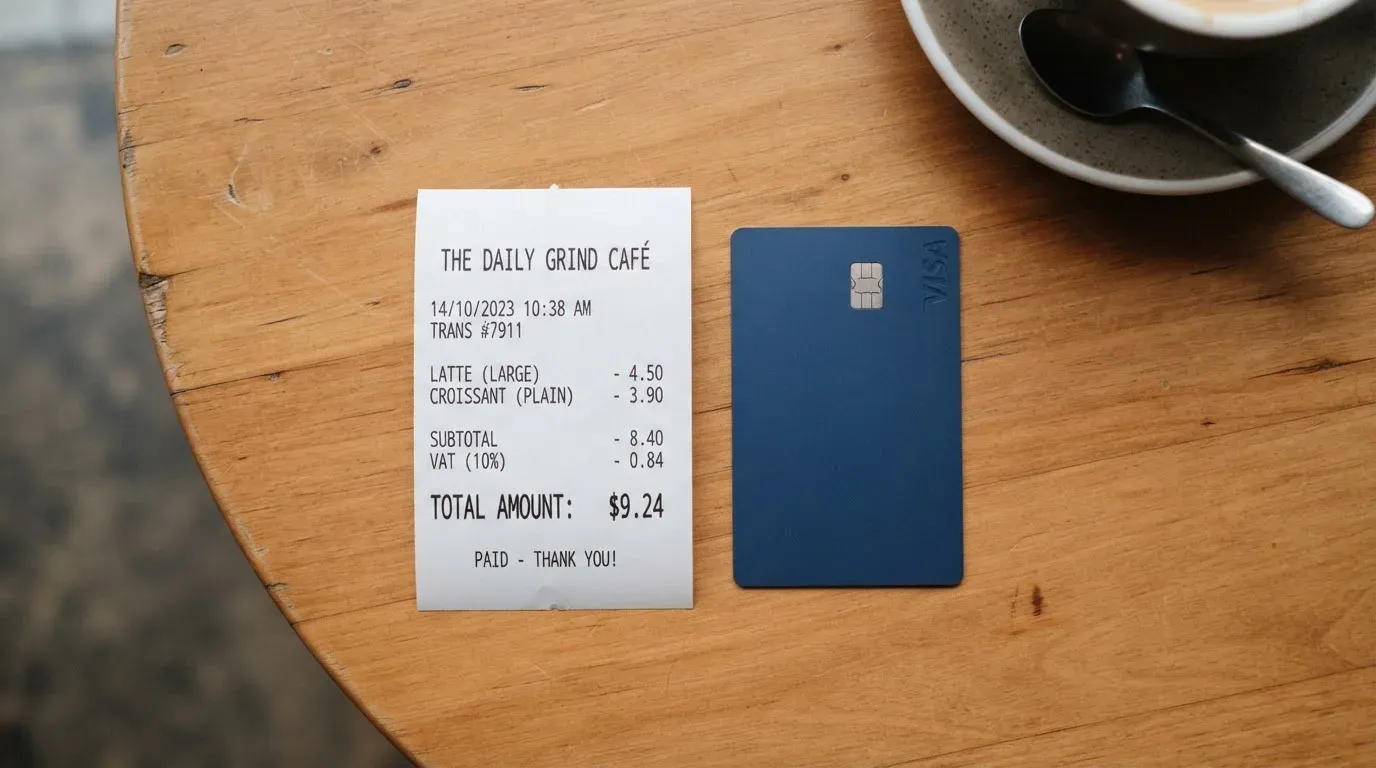 A receipt and a card on a café table