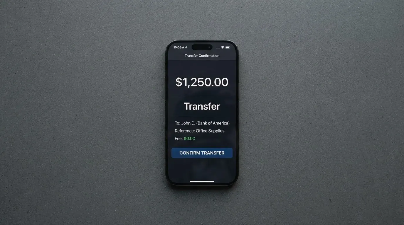 A phone showing a stablecoin transfer screen