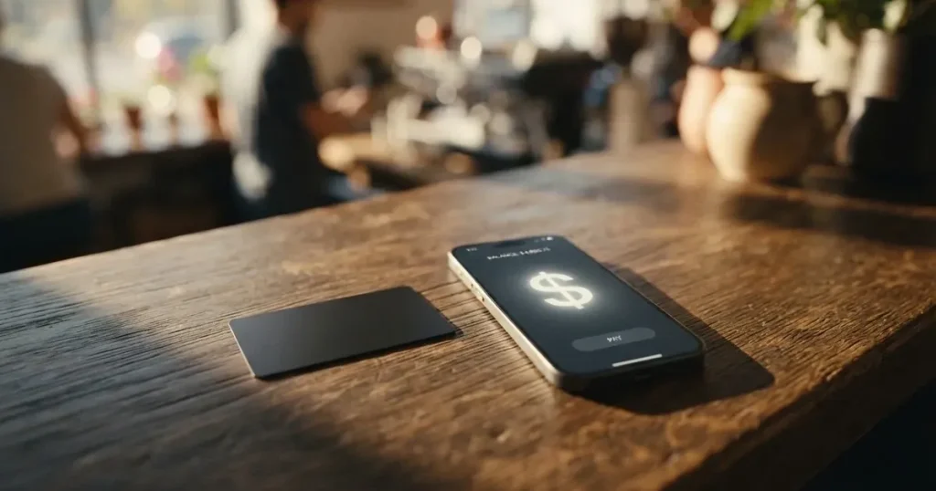 A payment card next to a phone with a crypto wallet app open