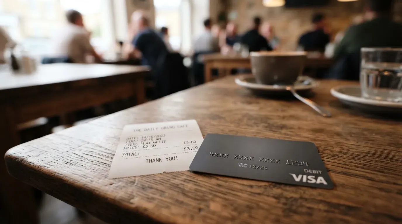 A receipt and a card on a café table