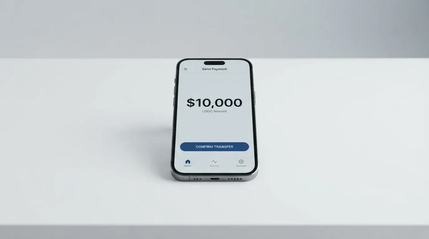 A phone showing a stablecoin transfer screen