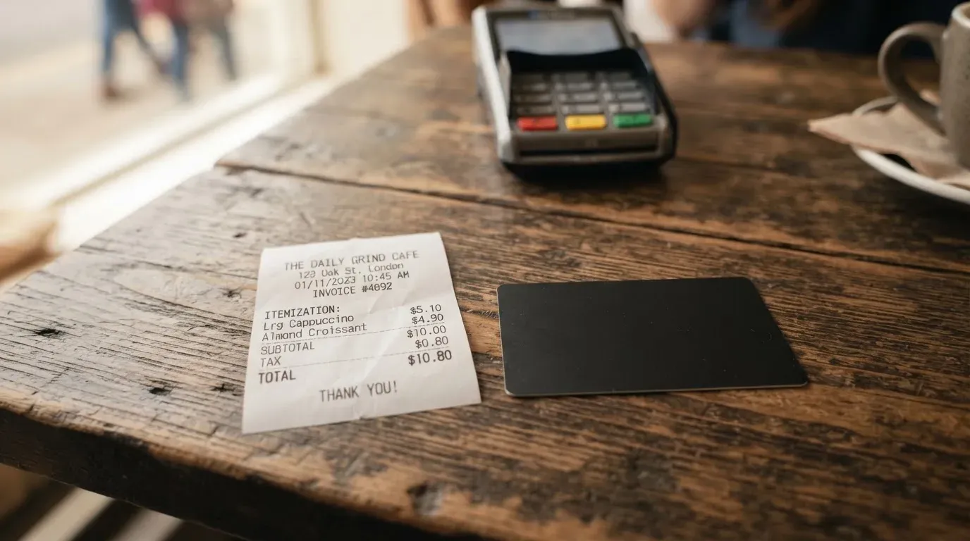 A receipt and a card on a café table