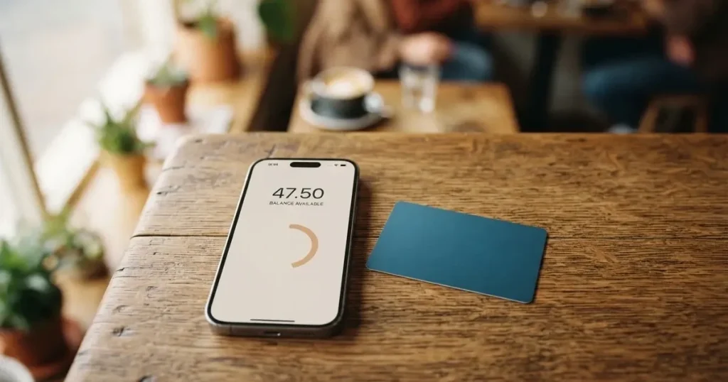 A payment card next to a phone with a crypto wallet app open