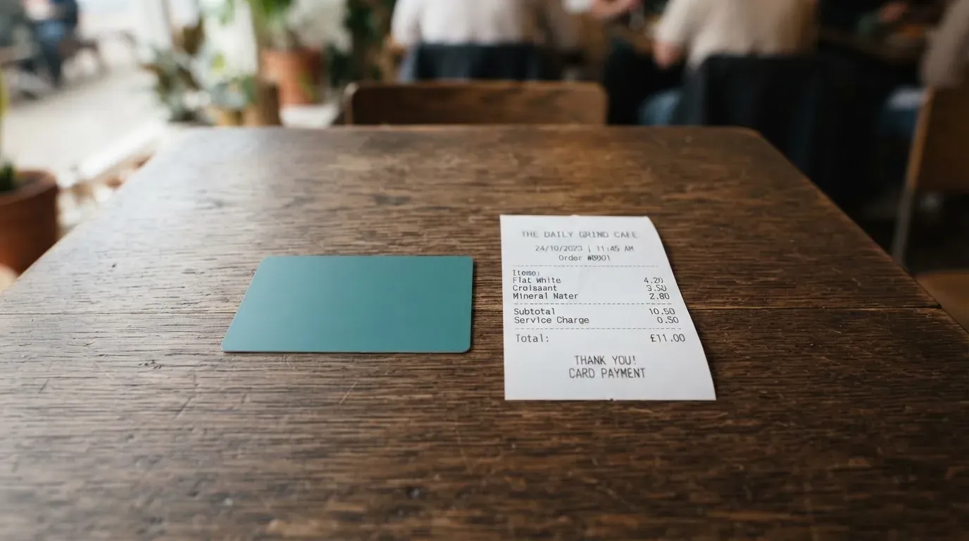 A receipt and a card on a café table
