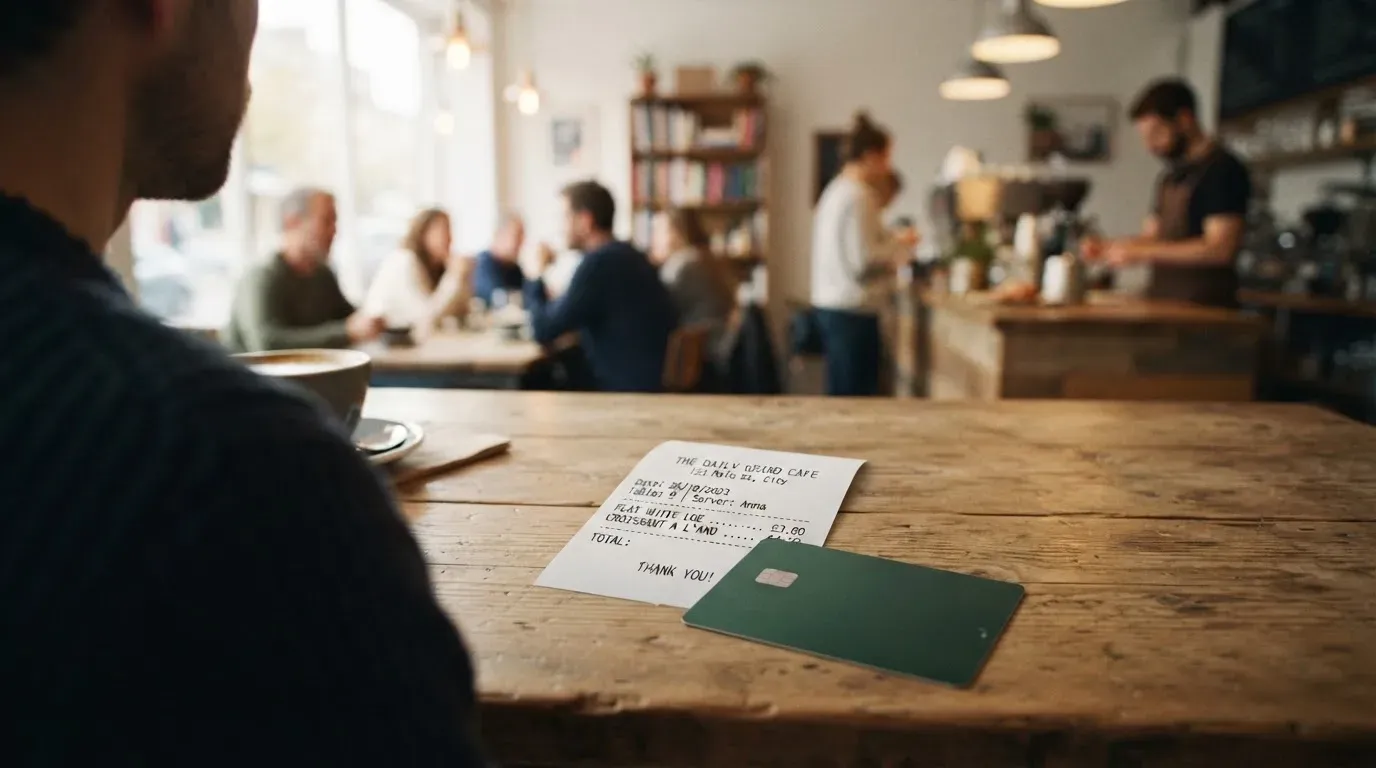 A receipt and a card on a café table