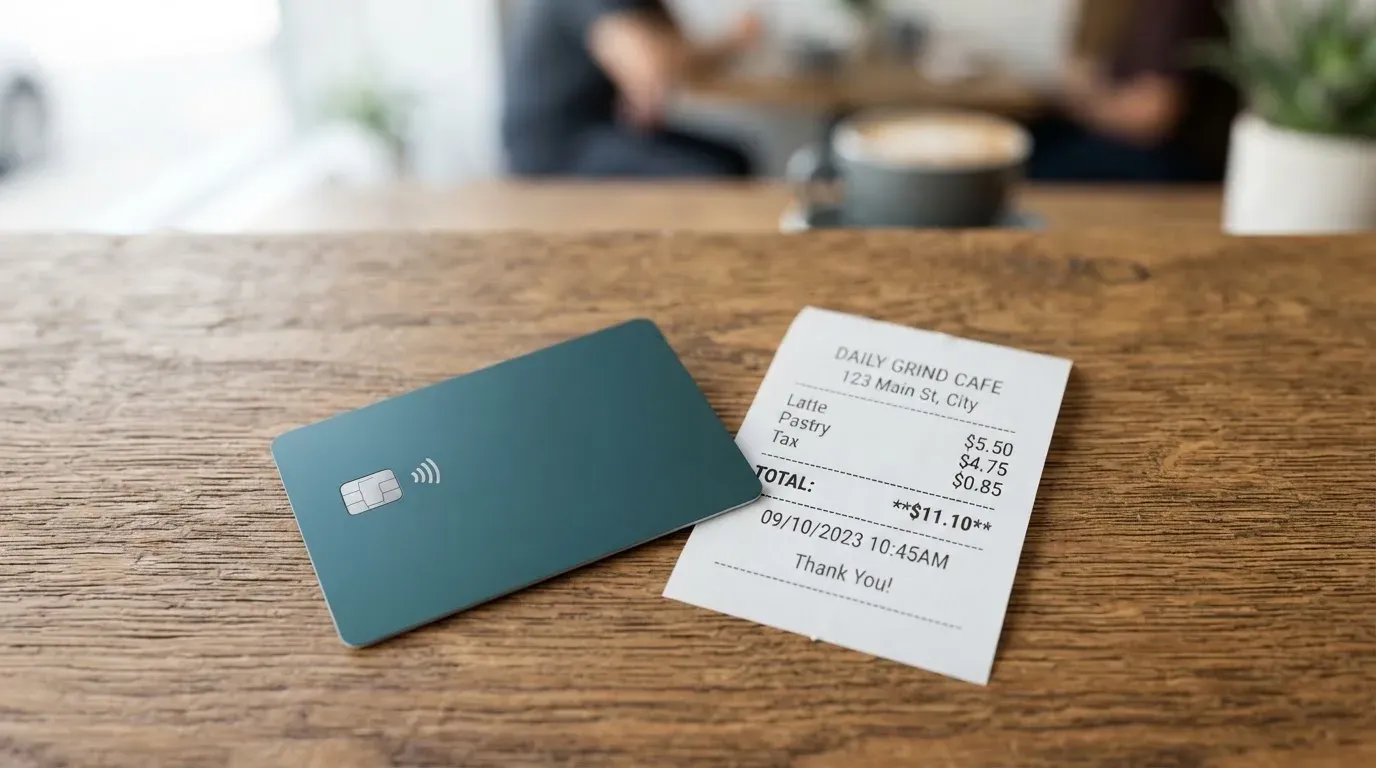 A receipt and a card on a café table