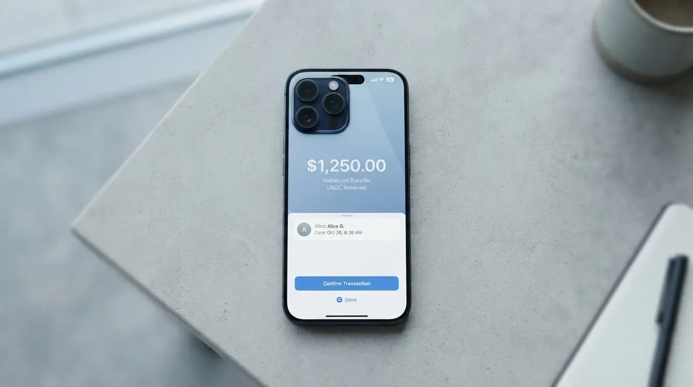 A phone showing a stablecoin transfer screen