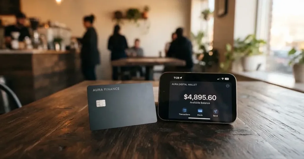 A payment card next to a phone with a crypto wallet app open
