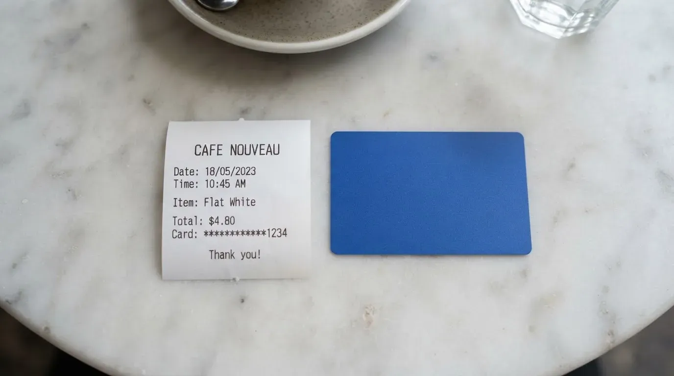A receipt and a card on a café table