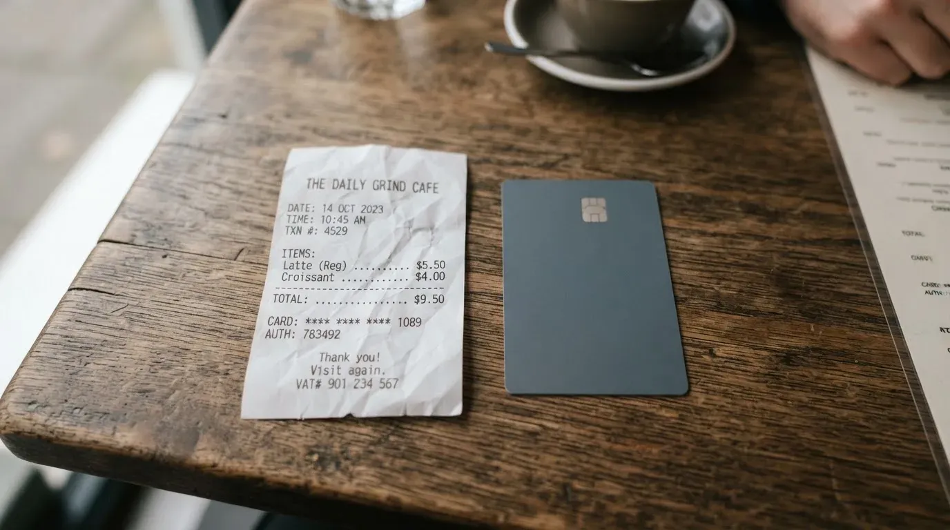 A receipt and a card on a café table