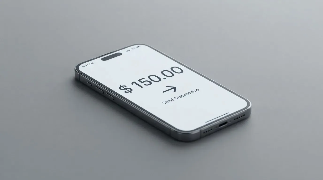 A phone showing a stablecoin transfer screen