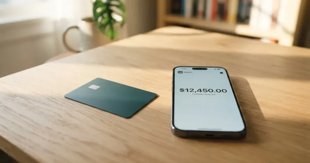 A payment card next to a phone with a crypto wallet app open