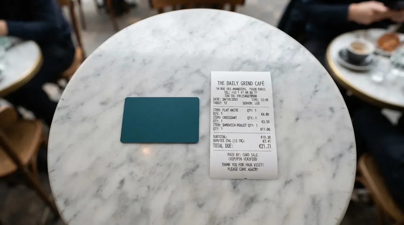 A receipt and a card on a café table