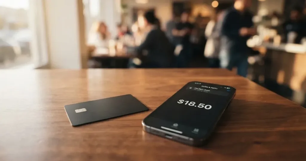 A payment card next to a phone with a crypto wallet app open