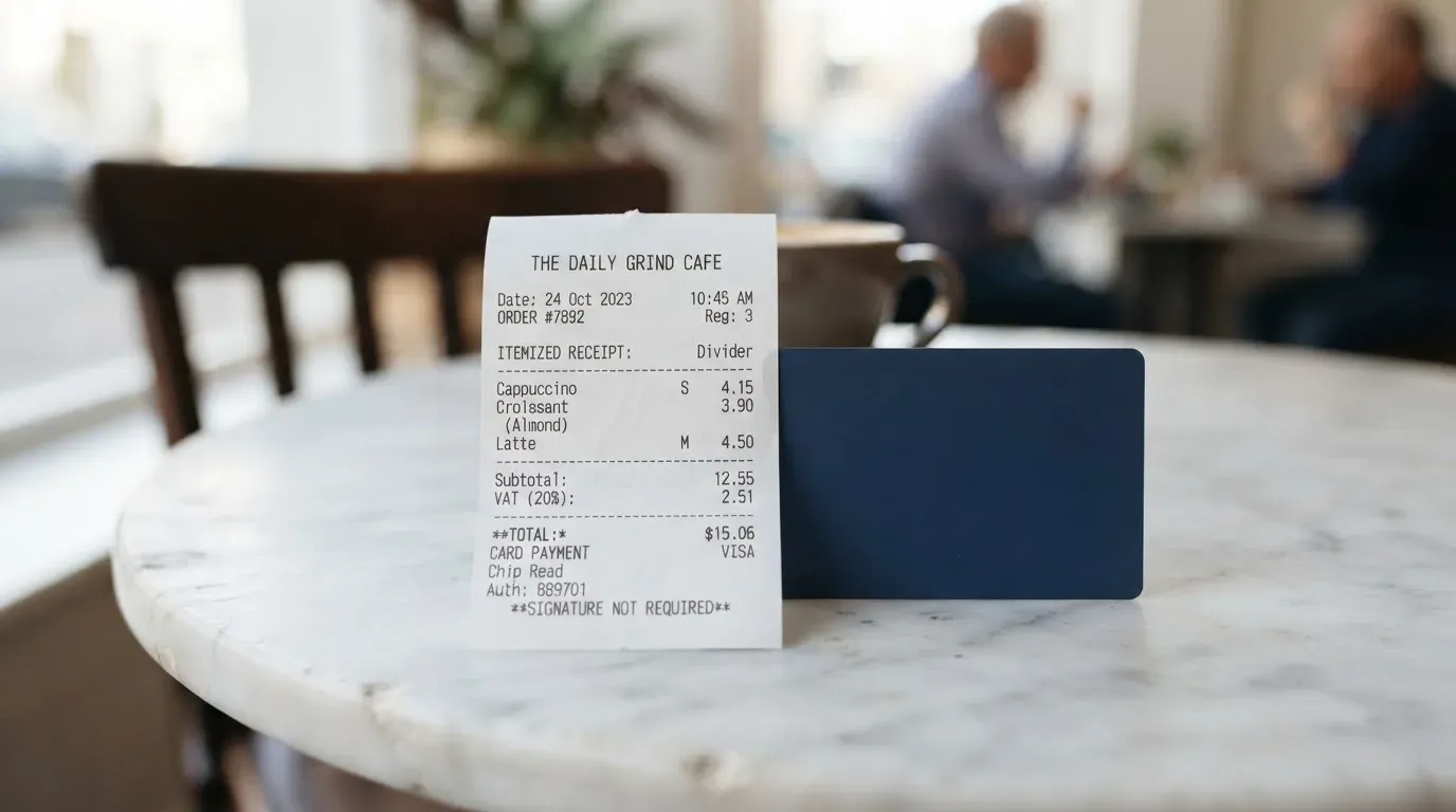A receipt and a card on a café table