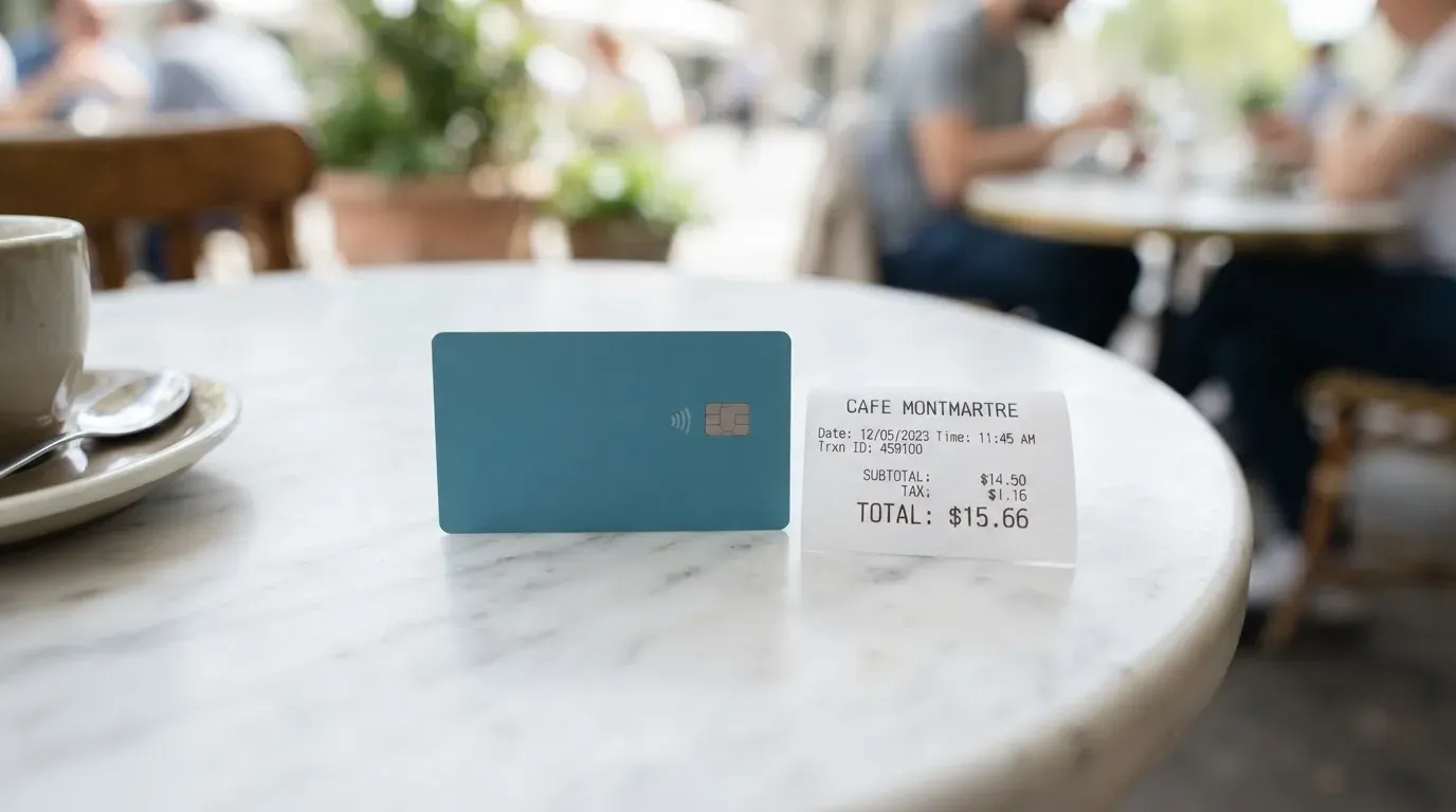 A receipt and a card on a café table