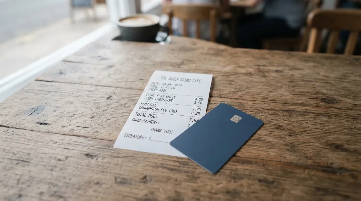 A receipt and a card on a café table
