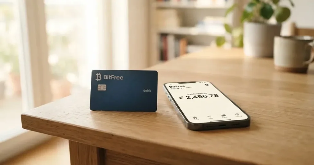 A payment card next to a phone with a crypto wallet app open